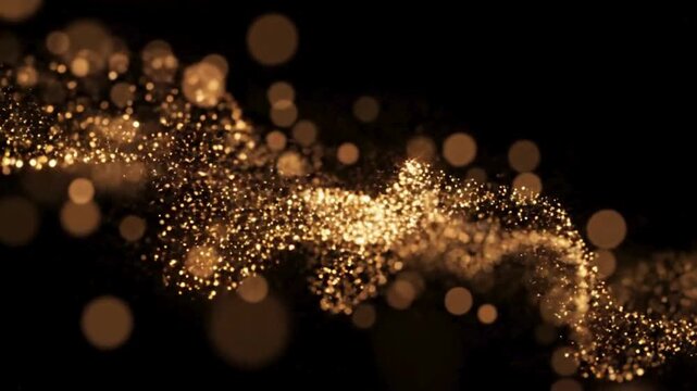 Abstract glowing golden particles flowing in a dark background, creating a dynamic and sparkling effect, perfect for celebrations and festive occasions