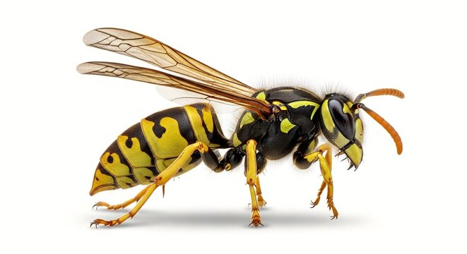 A detailed close-up of a wasp showing its black and yellow striped body with transparent wings and antennae against a plain white background