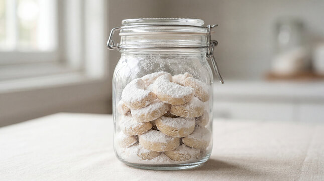 Indonesian Putri Salju cookies coated with powdered sugar inside a clear glass jar, traditional Eid al-Fitr sweet treat in minimal style.