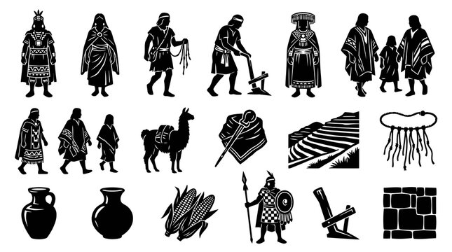 Ancient Inca Civilization Icons: Agriculture, People, Llama, Pottery, Architecture