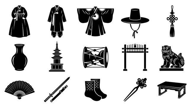 Traditional Korean Culture Black  White Glyph Icons Set with Hanbok, Pagoda, Drum  Haetae