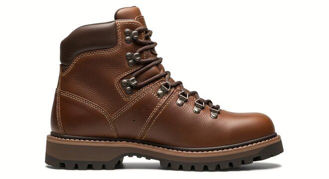 A sturdy and stylish brown leather hiking boot designed for outdoor adventures and rough terrains
