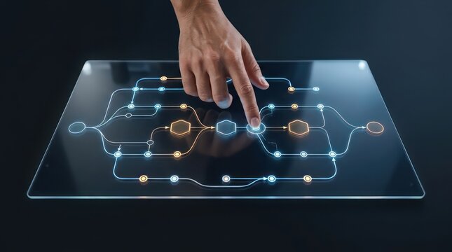 Human hand guiding digital workflow orchestration on transparent glass interface with connected nodes glowing path lines and dark copy space