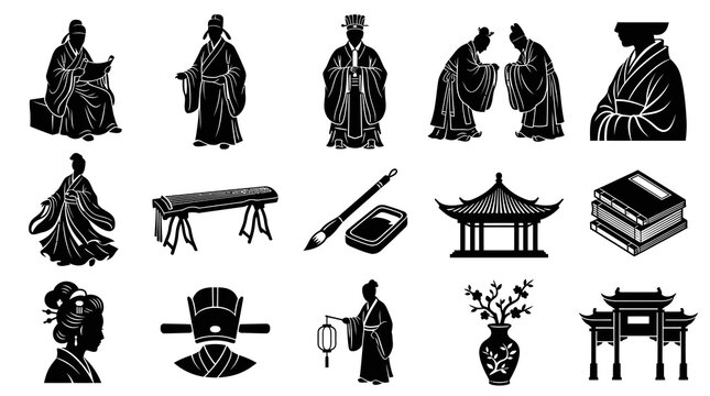 Traditional Chinese Culture Silhouette Icons Set - Historical Figures, Art, Architecture  Ancient Symbols