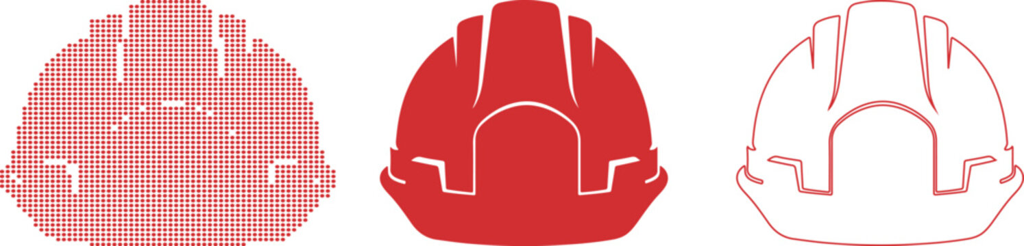 Three Red Silhouettes of a Hard Hat on White Background helmet safety