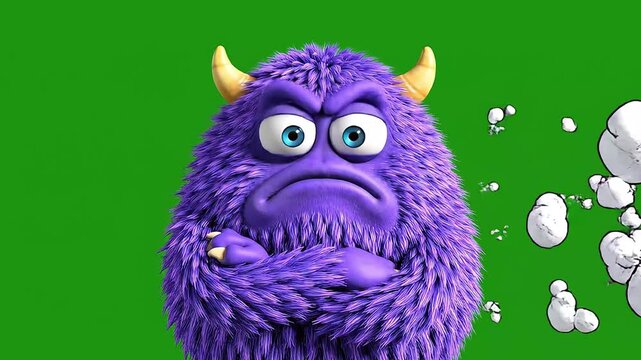 Grumpy Purple Furry Monster Animation on Chroma Key Green Screen