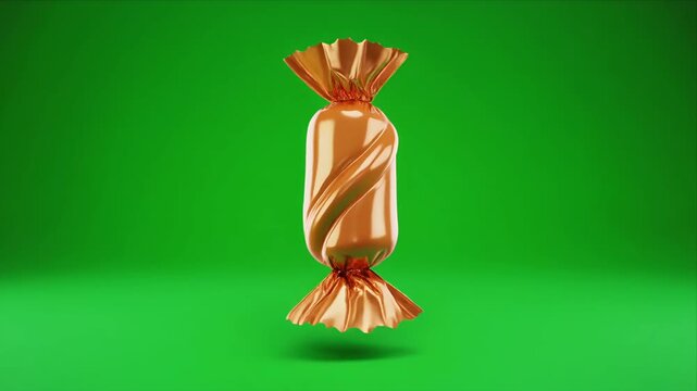 Copper Wrapped Candy Flows Against Green Background in Metallic Shine.