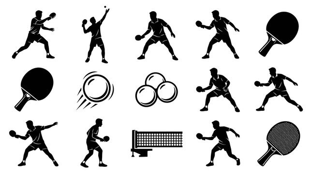 Table Tennis Sport Silhouettes Collection. Ping Pong Players, Rackets, Balls, and Net Glyphs.