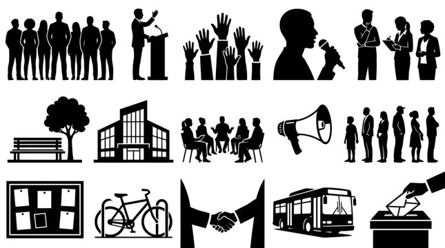 Black and White Glyph Icons of Politics, Business, and Community Life