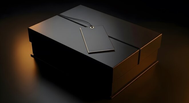 Sleek black luxury box with golden string and black tag reflecting warm orange light on dark reflective surface for high end product presentation.