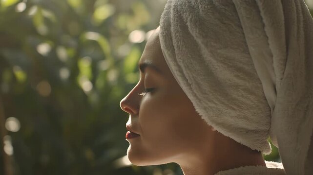 Woman rests on a spa bed with a towel on her head in a natural setting, enjoying a moment of relaxation surrounded by greenery at a spa