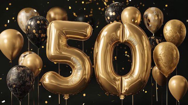 Celebration of a significant golden birthday with large balloons and decorations highlighting the number fifty