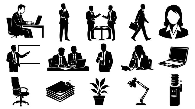 Business Office Glyphs Set: Corporate People and Work Elements Icons in Black and White Silhouette Style.