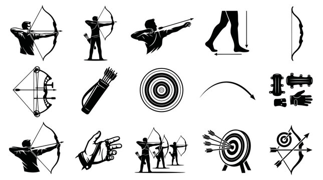 Archery Sport Black  White Glyph Silhouettes: Bows, Arrows, Targets, Archers, Equipment Icons