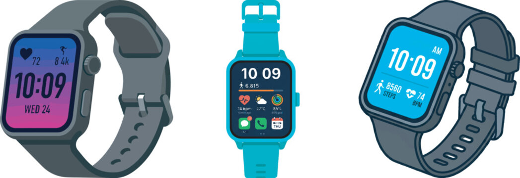 Smartwatch with colorful display and band showing time health data and steps modern digital device illustration.