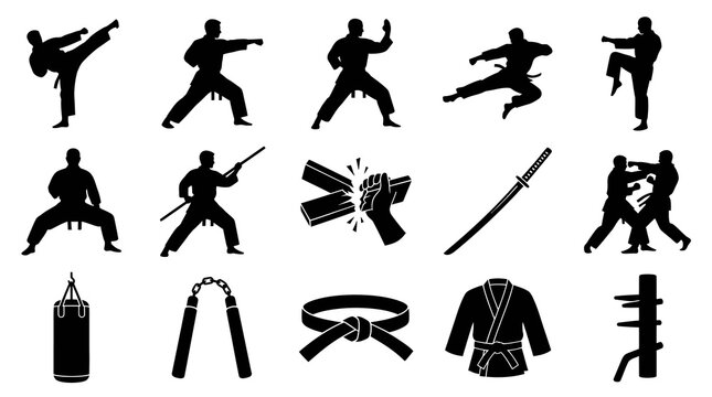 Karate Martial Arts Icons: Black  White Silhouette Silhouettes of Fighters and Gear