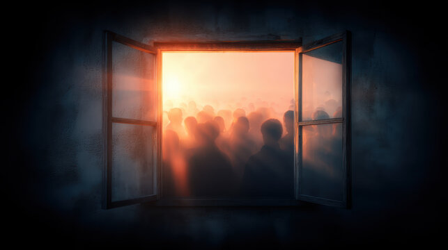 Mysterious crowd silhouette glowing window light surreal dream atmosphere hopeful sunrise foggy mist dark interior room open window frame human figure group emotional concept art fantasy scene