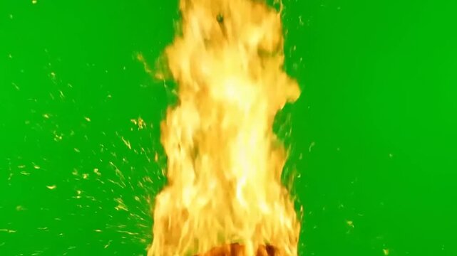 Fiery flames erupting with sparks against a vibrant green screen background.