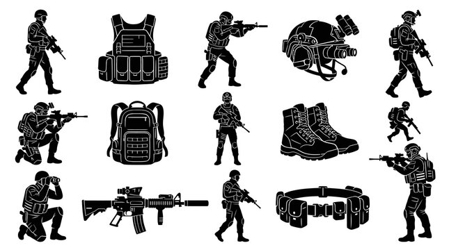 Military Tactical Soldiers and Equipment Vector Silhouettes - Army Gear, Weapons, Helmet, Vest, Boots, Backpack