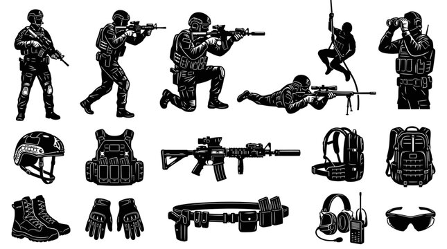 Special Forces Military Army Soldiers and Tactical Equipment Black and White Line Art Vector Glyphs