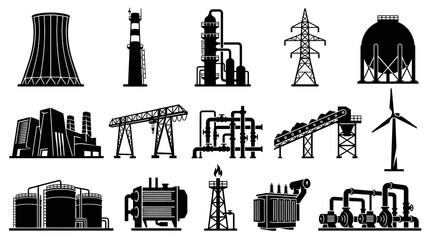 Obraz premium Black White Industry Icons: Power Plant, Crane, Wind Turbine, Pipes, Storage Tanks