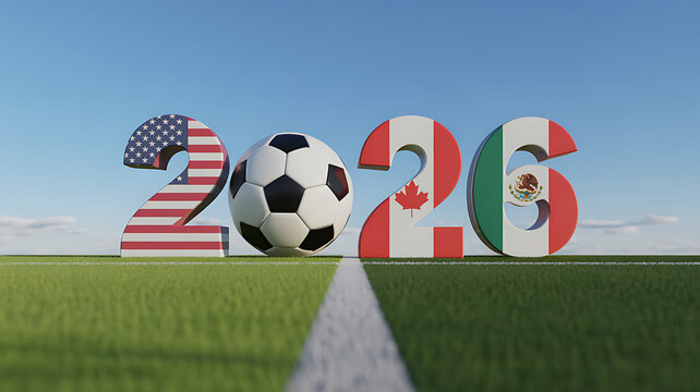 Soccer championship twenty twenty six concept with ball and numbers decorated in American and Mexican flag patterns on green grass pitch under clear blue sky for global sport event.