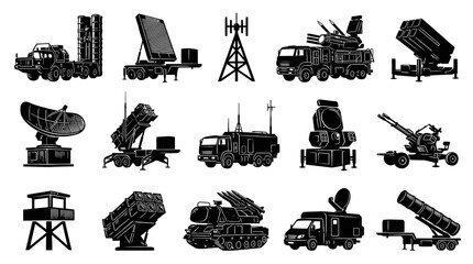 Obraz premium Military Defense Systems Black and White Line Art Vector Icons