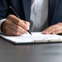 Fototapeta premium A person in business attire signing a document on a clipboard