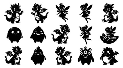 Obraz premium Cute Black and White Silhouettes of Dragons, Fairies, Monsters for Kids