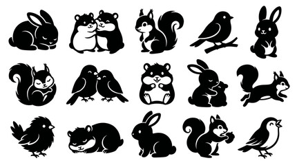 Obraz premium Cute Black White Animal Silhouettes Vector Art - Rabbits, Hamsters, Squirrels, Birds