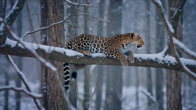 Leopard resting on a snow covered forest branch.