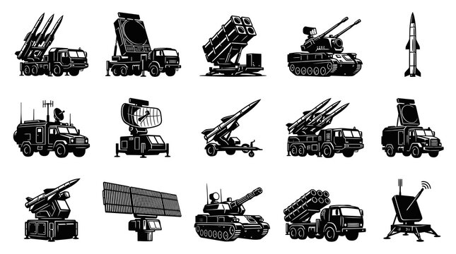 Military Missile Launchers  Radar Systems, Black  White Vector Art