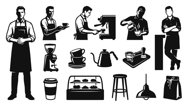 Black and White Barista Coffee Shop Vector Icons Set with Cafe Equipment, Drinks and Professional People