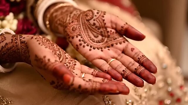 Intricate Henna Designs Adorn Brides Hands on Wedding Day.