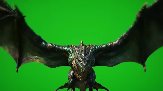 Majestic Dragon with Spreading Wings on Green Screen Background.