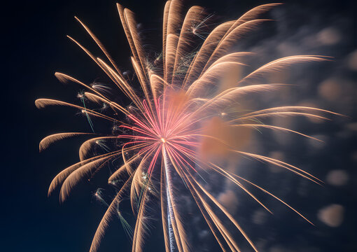 Dramatic firework display with golden and red bursts against a dark night sky high quality professional