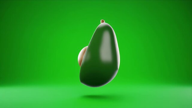Three Dimensional Avocado Half Floating Against Green Background.