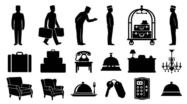 Hotel Icons: Bellboy, Luggage, Reception, Chairs, Bell, Chandelier, Keys, Elevator