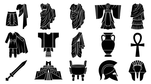 Ancient Greek Roman Egyptian Historical Clothing, Symbols, Objects Glyph Icons