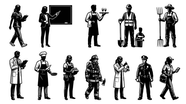 Black and White Line Art Vector Icons Set of Diverse Professionals and Essential Workers Illustrations
