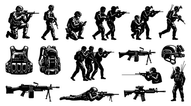 Military Army Soldiers and Tactical Weapons Gear Vector Silhouette Illustrations Set