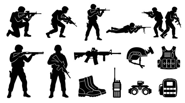 Military Soldiers and Tactical Equipment Black and White Silhouette Vector Icons Set