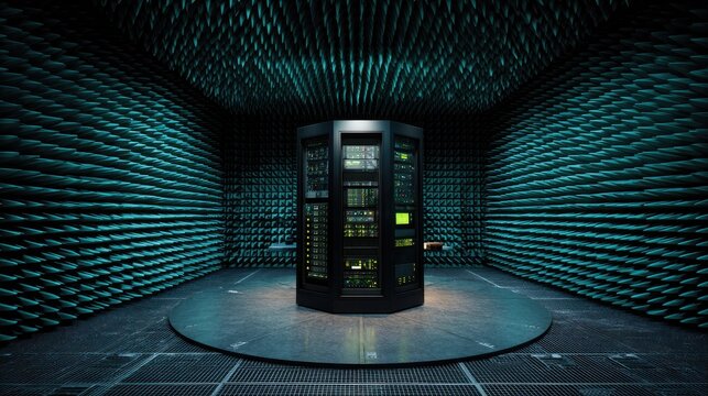 Futuristic server room with hexagonal walls and central data rack