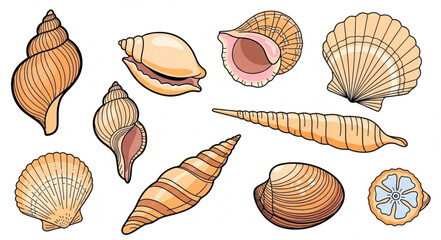 Collection of various seashells and marine shells. © Brengkel