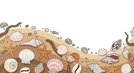 Collection of various seashells and starfish on a sandy beach. © Brengkel