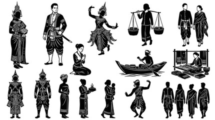 Obraz premium Traditional Southeast Asian Culture People and Costumes Black and White Silhouette Glyph Art