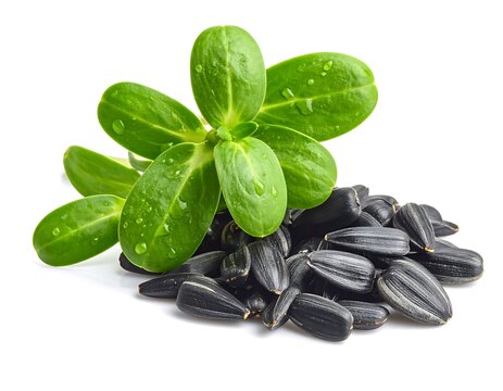Close-up image shows a vibrant green sprout with water droplets beside a pile of dark, striped seeds. White background