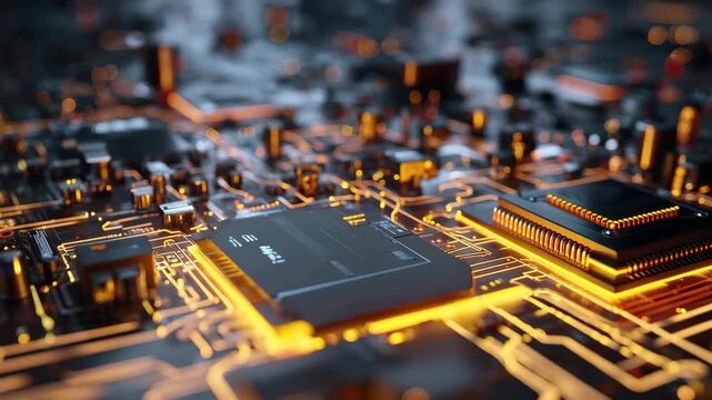 Deep dive into formation of abstract cyber technology chipset motherboard showing intricate details and structures in a dark environment with glowing elements