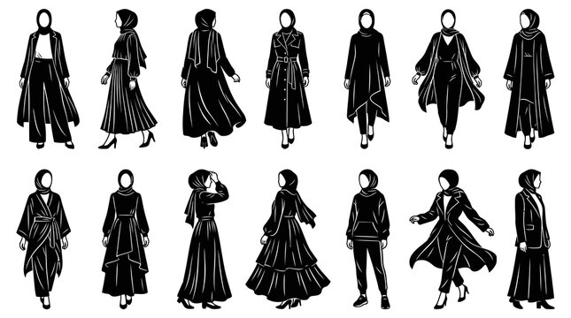 Black  White Fashion Vector Art: Muslim Women's Modest Clothing Styles