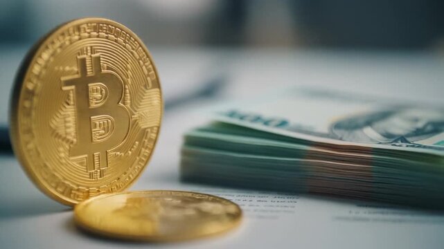 Bitcoin and US Dollar Bills on Table - Cryptocurrency and Fiat Money